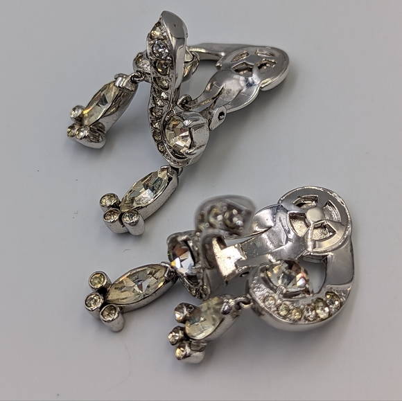 Vintage Unique Joseph Mazer Silver Tone Rhinestones Dangles Clip on Earrings - Picture 7 of 14